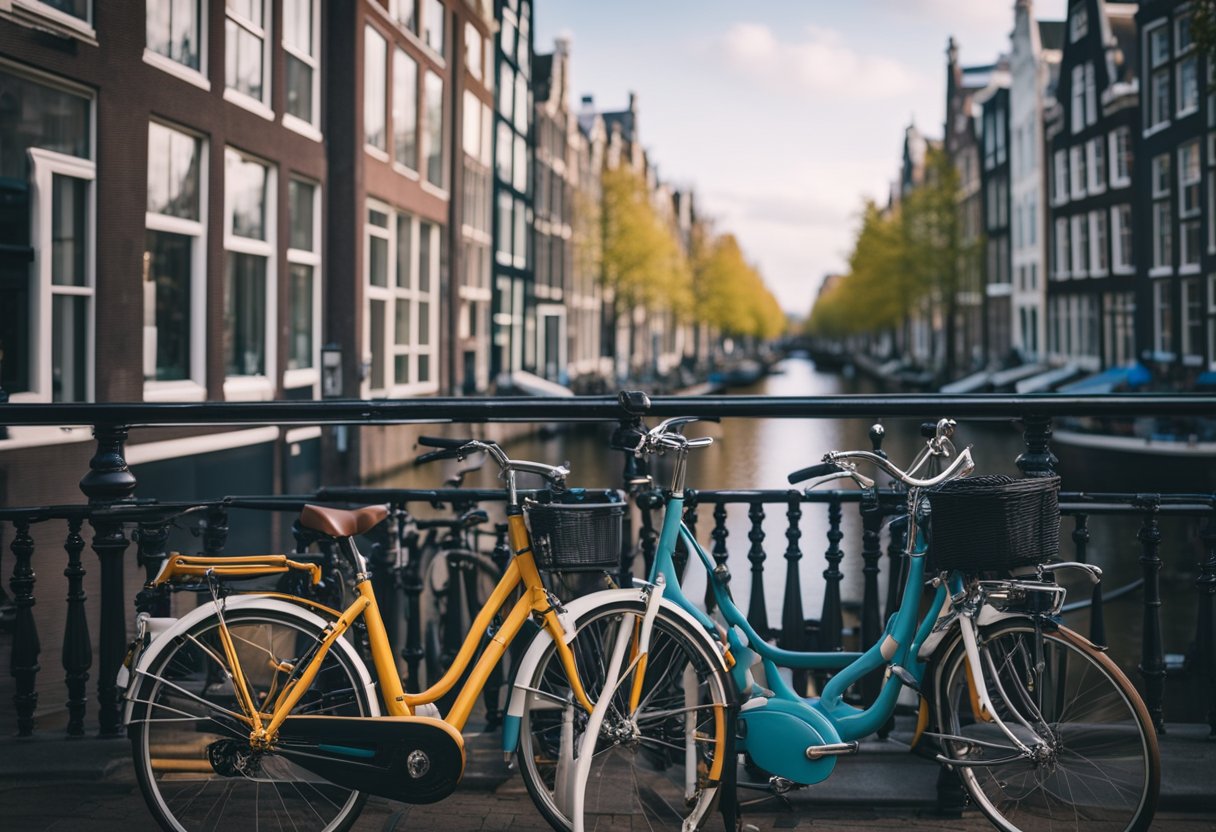 Canal-lined streets wind past colorful buildings in Amsterdam, with bicycles parked along the water