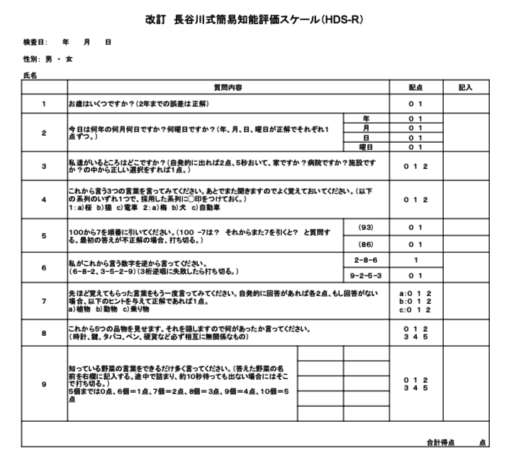 長谷川式認知症スケール　HDS-R