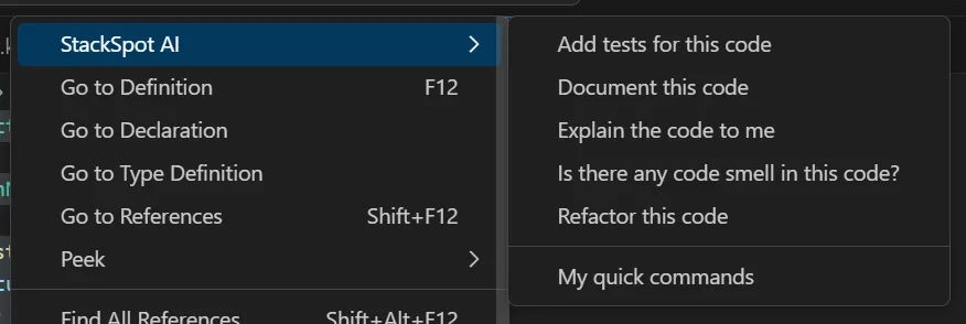 Context menu with the option StackSpot AI, and submenu with the option “Is there any code smell in this code?”