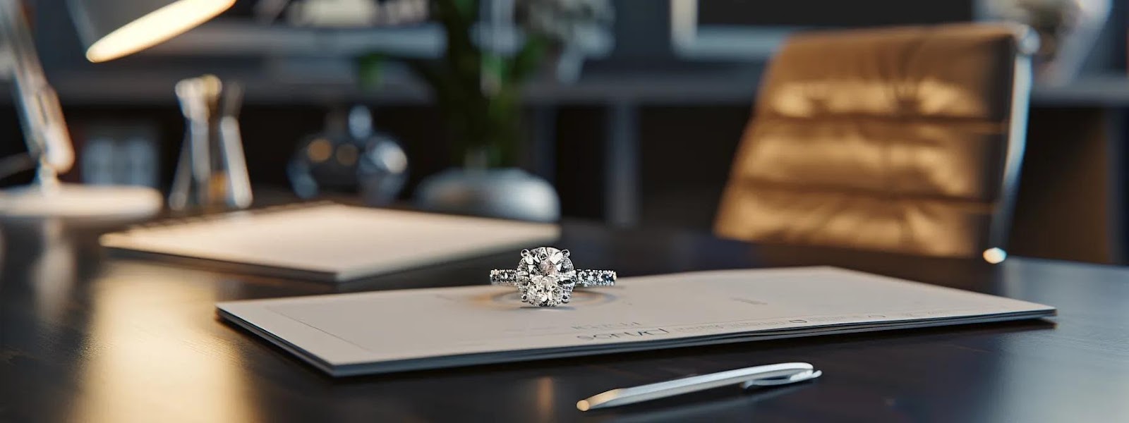 a stylish, modern office workspace showcases a sophisticated engagement ring on a sleek desk, surrounded by elegant planning materials and financial documents, emphasizing the meticulous process of upgrading an exquisite piece of jewelry.