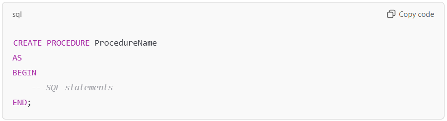 Basic structure of a stored procedure in SQL.