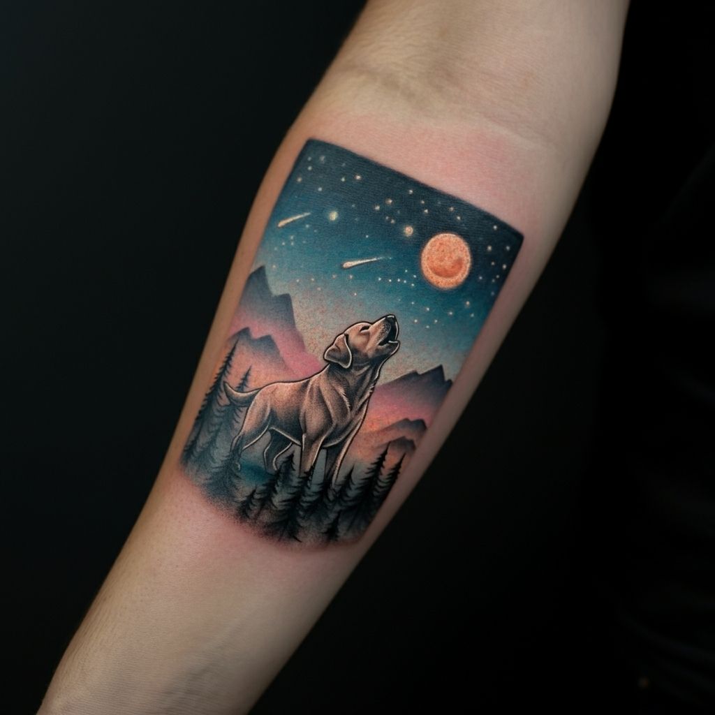 Labrador with Mountains or Nature Scene Tattoo