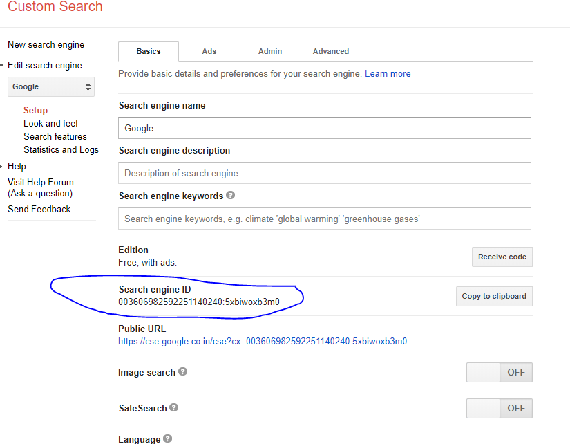 ID de moteur de recherche personnalisé google CX Id