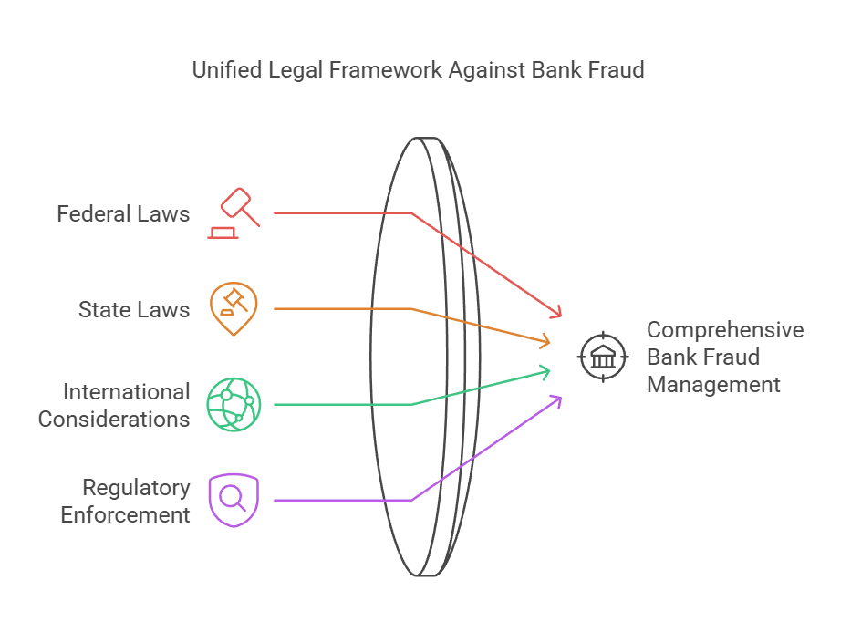 Diagram of federal, state, international laws and regulatory enforcement managing bank fraud