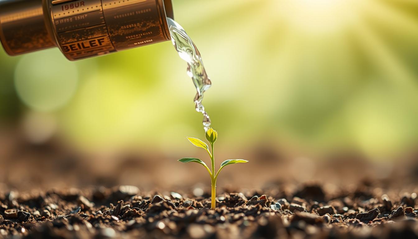 An image of a seed being watered consistently, with rays of light shining down on it to represent belief and positive energy. The seed should be shown sprouting and growing into a healthy, fruitful plant, symbolizing the consistent manifestation of money through belief and consistency.