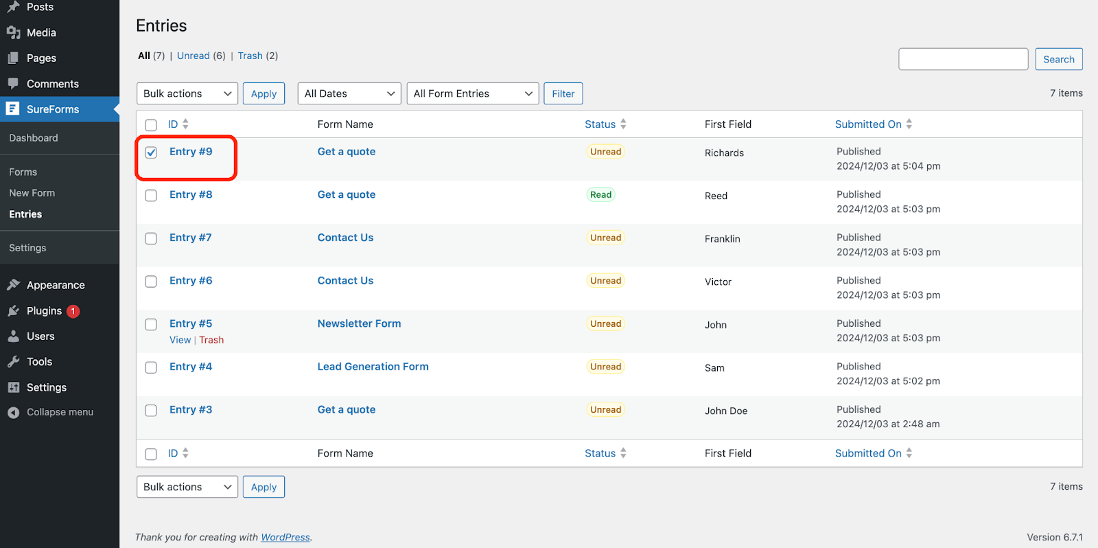 select desired entries