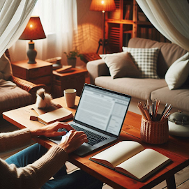 A person working from a laptop in a cozy home office.