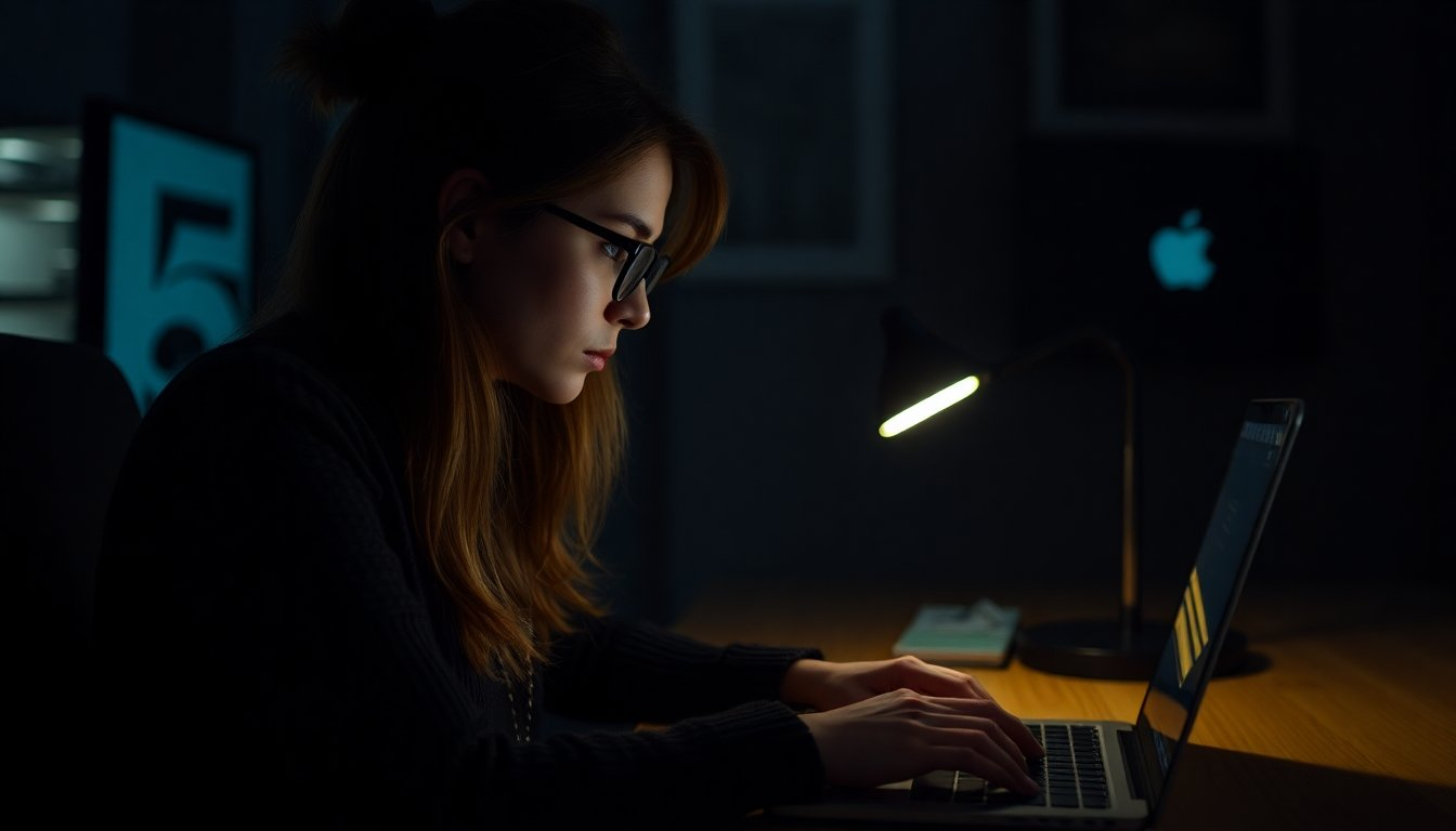 Focused woman with glasses typing on a laptop, dealing with email harassment issues