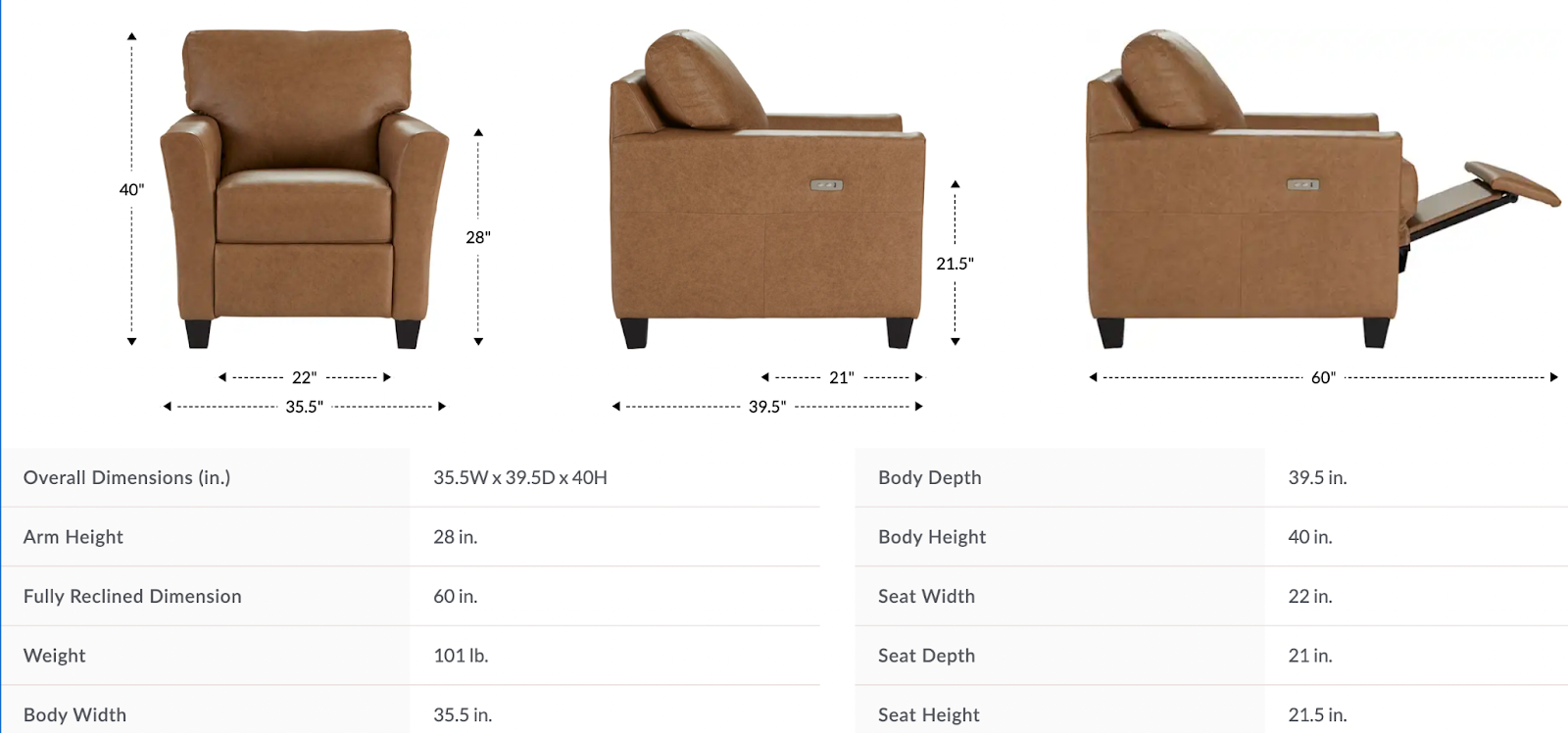 roscoe duo reclining chair size and dimensions