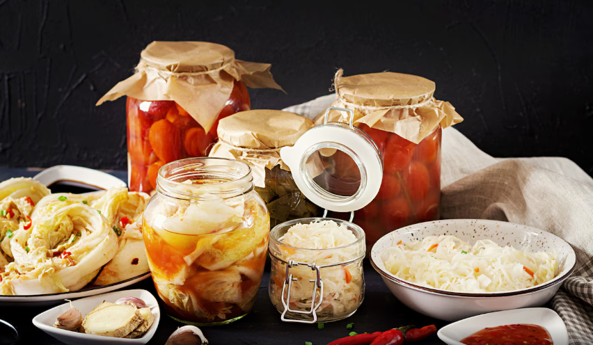 Lot of delicious fermented foods placed on a table