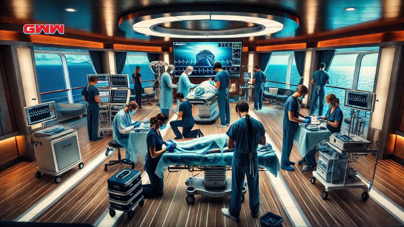 A dramatic scene from a medical drama set on a modern cruise ship. 