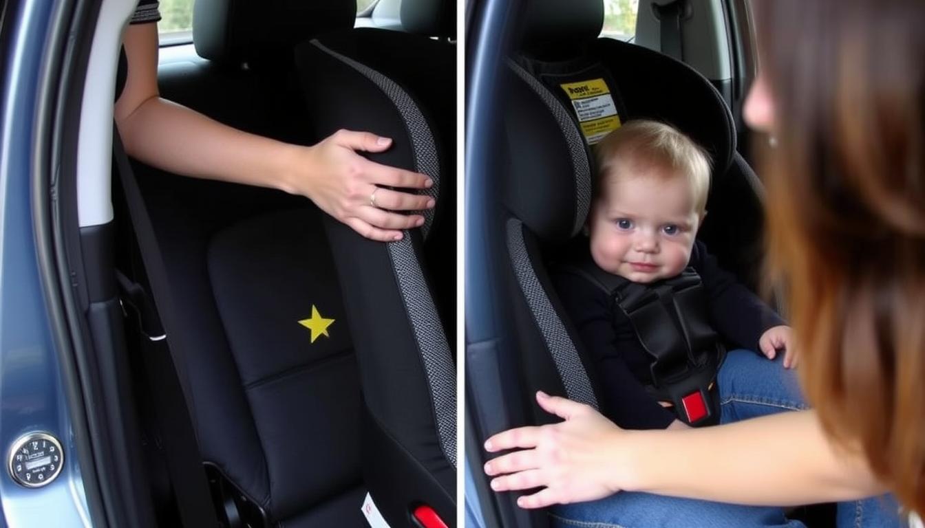 Demonstrating the inch test for car seat installation