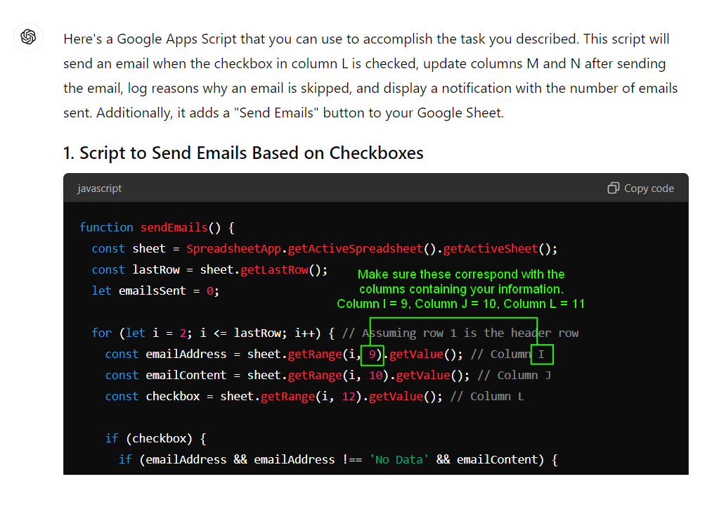 Google Apps Script code that automates email sending directly from Google Sheets