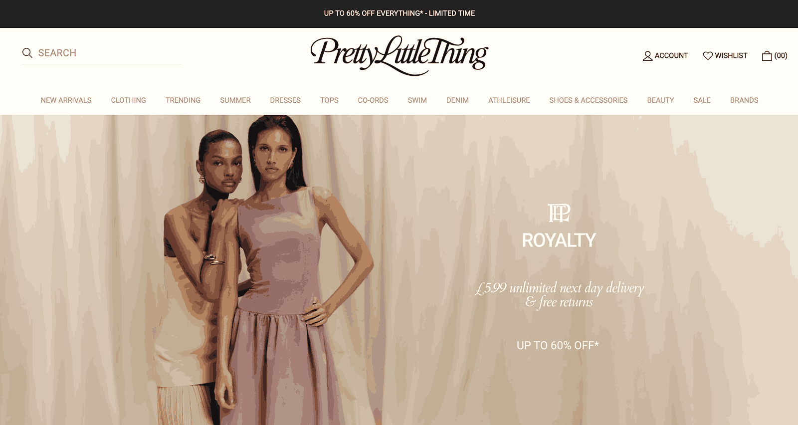 A screenshot of Pretty Little Thing homepage as one of the fashion brands looking for influencers