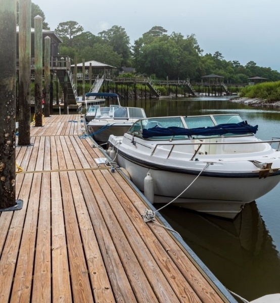     A well-fendered boat docked safely.