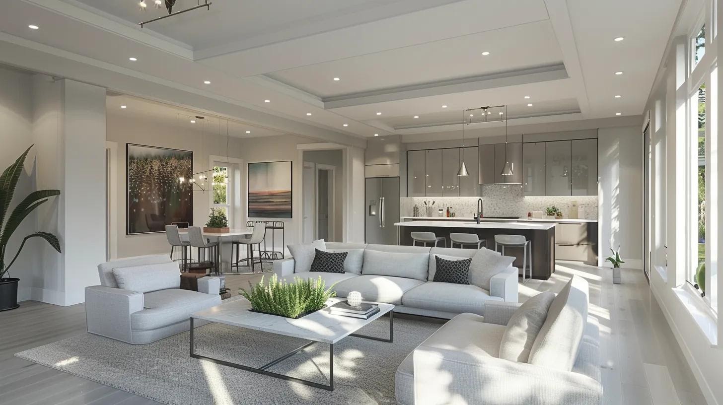 a bright, meticulously organized living room with gleaming surfaces, stylish furniture, and a sense of tranquility that highlights the uplifting impact of a clean environment, celebrating the importance of home cleaning.