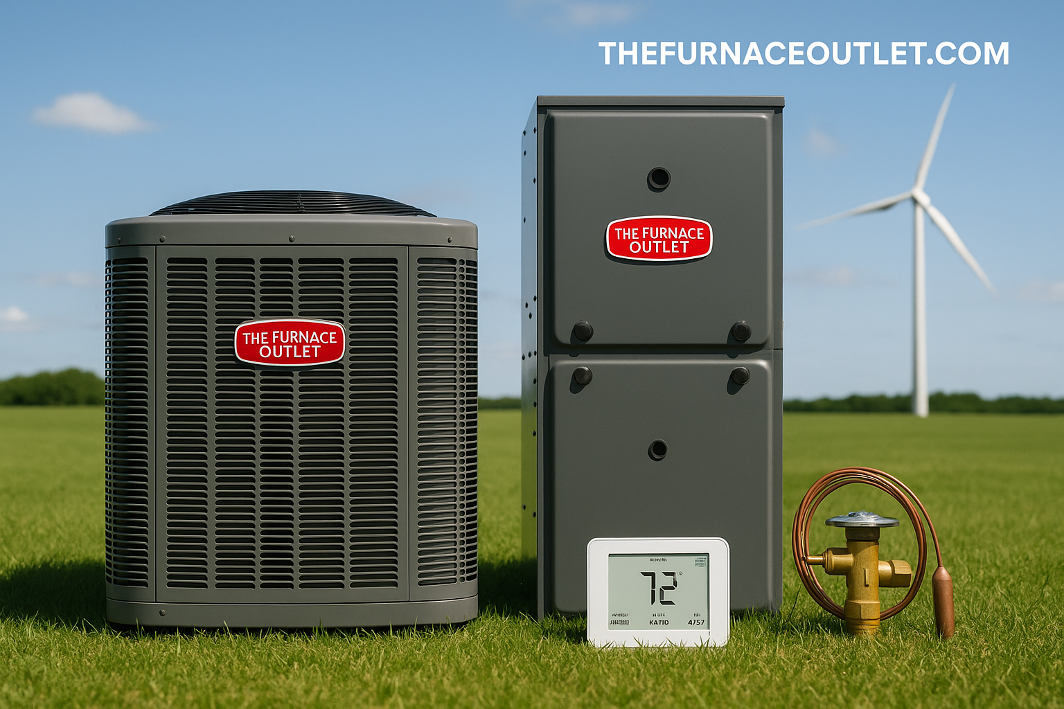 A promotional image for The Furnace Outlet featuring a central air conditioning unit, gas furnace, digital thermostat, and thermal expansion valve displayed on green grass with a wind turbine in the background, representing energy efficiency and sustainability in commercial HVAC solutions.