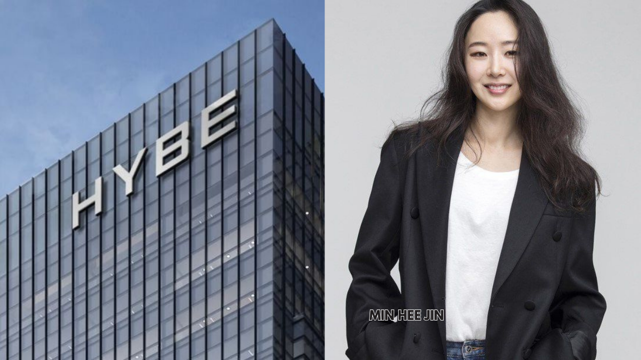 A picture of mIn hee jin and another picture of HYBE Building on the other side 