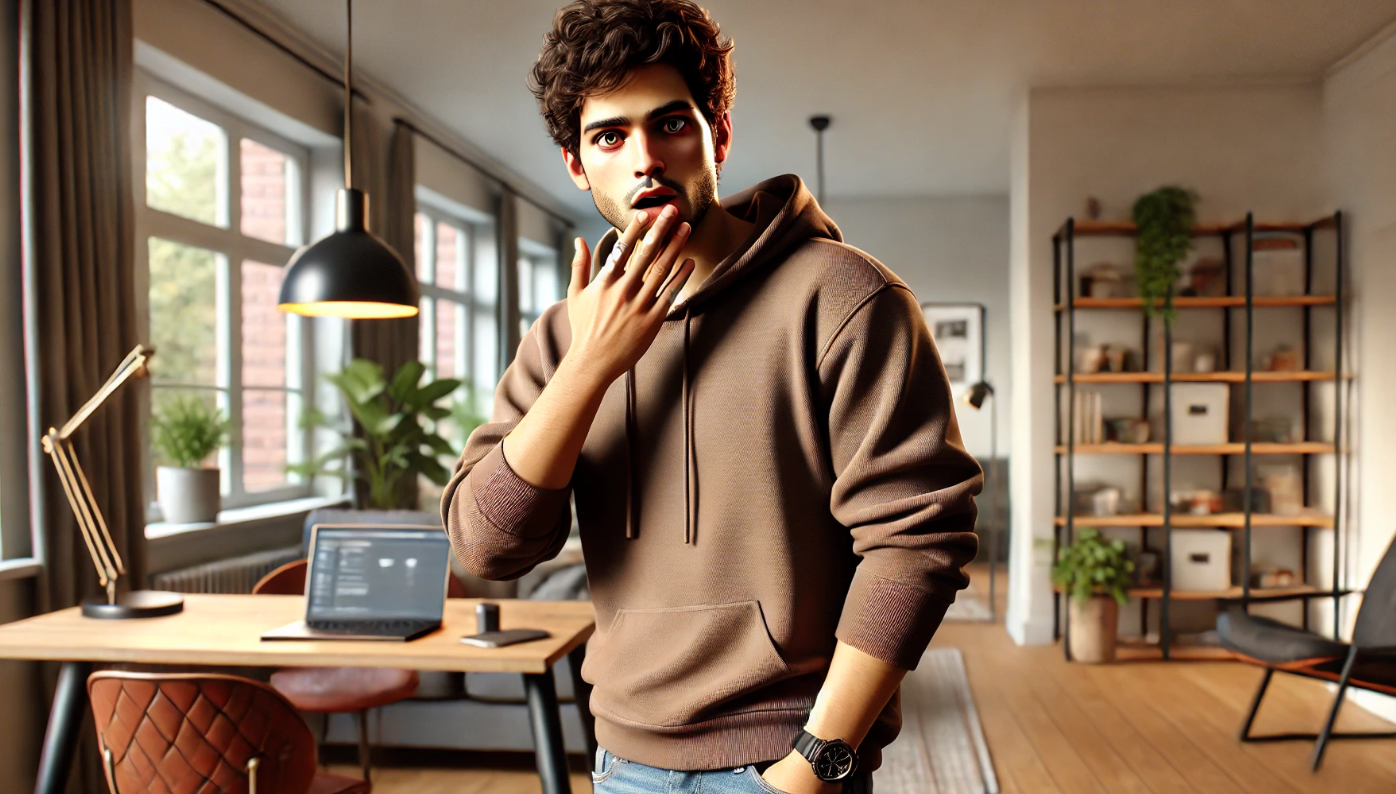 A young man with dark curly hair and a surprised expression stands in a modern, well-lit home office. He wears a brown hoodie and a wristwatch, with one hand covering his mouth in shock. Behind him, a sleek wooden desk with a laptop, a notebook, and a lamp sits near large windows, while bookshelves filled with plants and decorative items add warmth to the space.