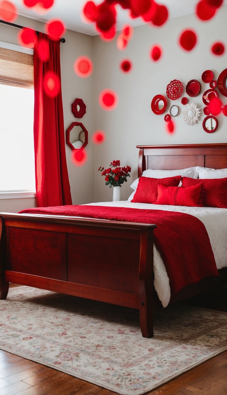 A cherry wood bed frame surrounded by red bedroom decor and 25 red-themed design ideas