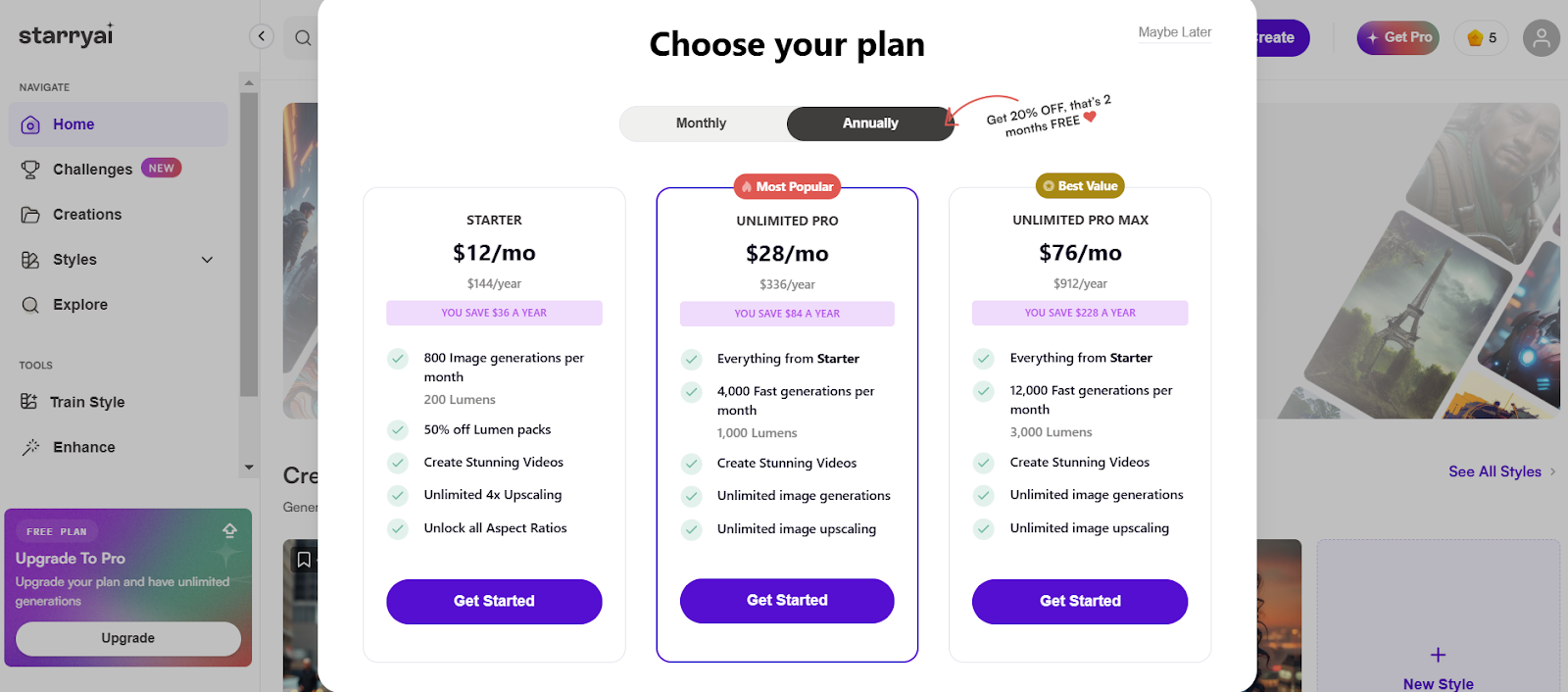 Starry Ai Annual pricing Plans