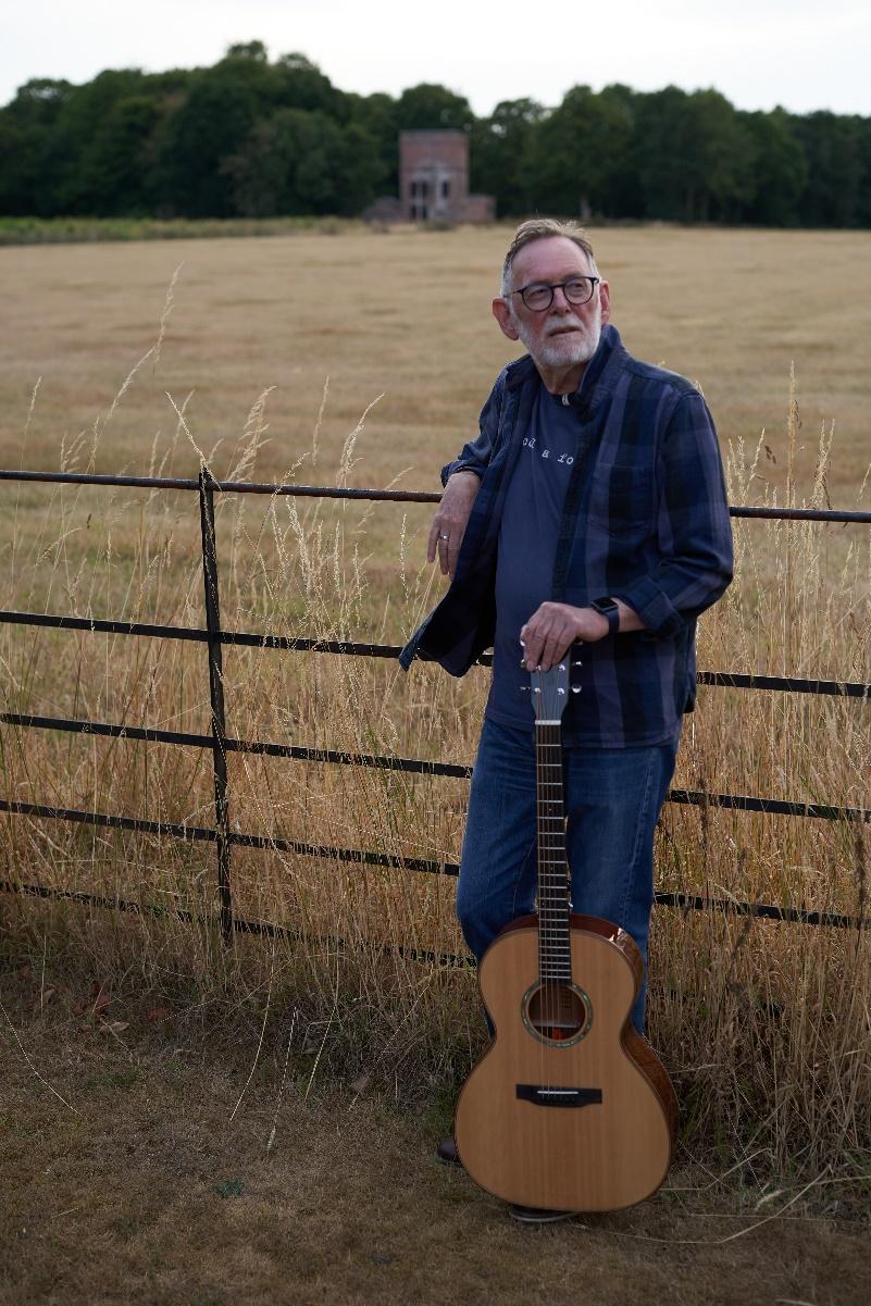 A person holding a guitar in a fieldDescription automatically generated