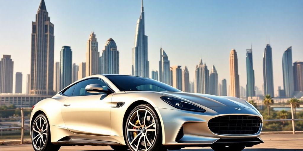 Modern car with Dubai skyline in background.