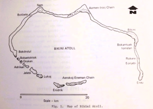 Sletch map of Bikinin Atoll, site of the Project Crossroads A Bomb tests