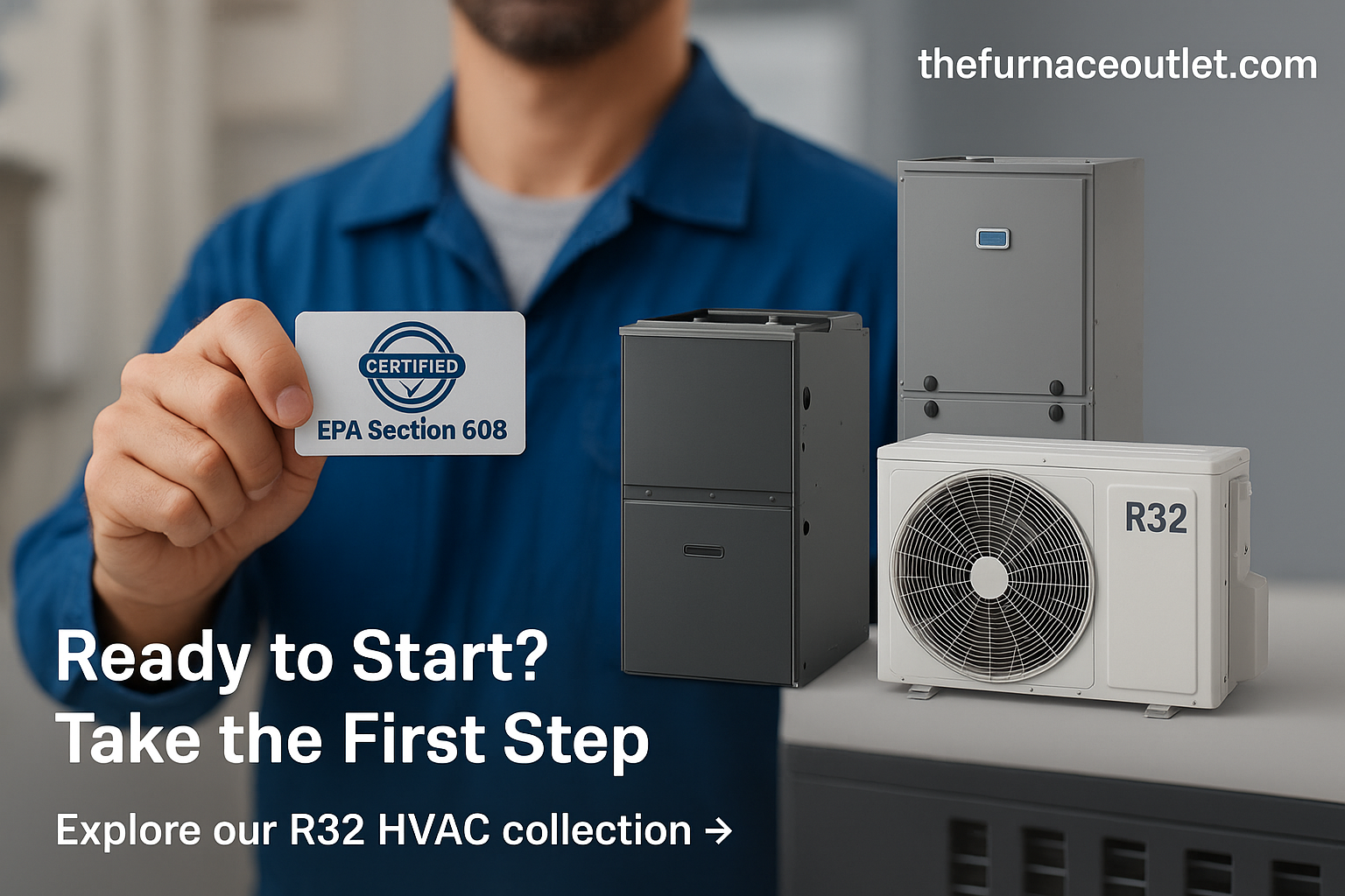 Technician enrolling in online certification course with a highlighted R32 mini-split training unit.