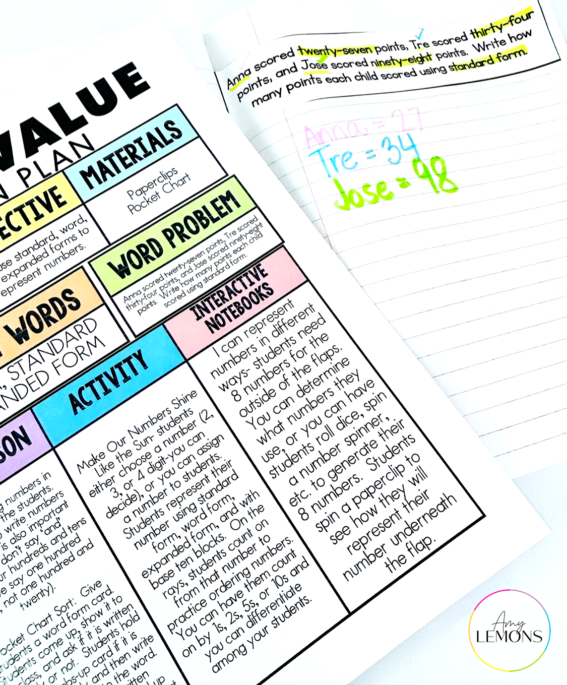 Place value lesson plans and interactive notebook word problem activity.