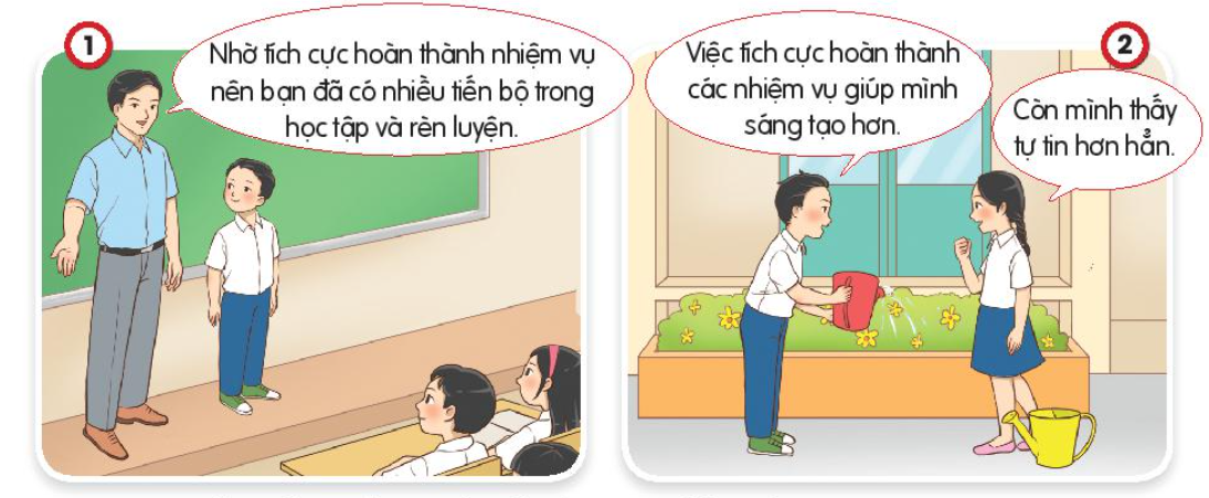 BÀI 5: TÍCH CỰC HOÀN THIỆN NHIỆM VỤ Ở LỚP, Ở TRƯỜNGA. KHỞI ĐỘNGGV cho HS nghe và hát theo bài hát “Đội em làm kế hoạch nhỏ”.NỘI DUNG BÀI HỌC GỒM:Quan sát tranh và trả lời câu hỏiQuan sát các tình huống và trả lời câu hỏiQuan sát tranh và trả lời câu hỏiB. HOẠT ĐỘNG HÌNH THÀNH KIẾN THỨCHoạt động 1: Quan sát tranh và trả lời câu hỏiBạn nào trong tranh tích cực hoàn thành nhiệm vụ ở lớp, ở trường?  Nội dung ghi nhớ:+ Tranh 1: các bạn đang tích cực tham gia tổng vệ sinh lớp học.=> Hoàn thành nhiệm vụ ở lớp, ở trường.+ Tranh 2: H’nie nhân nhiệm vụ mang khăn trải bàn để trang trí cho hội thi văn nghệ của lớp những bạn đã không nhớ mang đi...Hoạt động 2: Quan sát các tình huống và trả lời câu hỏiMỗi nhóm tìm hiểu về một tình huống trong SGK tr.25+ Nội dung của từng tranh vẽ là gì?+ Các bạn trong tranh được giao nhiệm vụ gì ở lớp, ở trường?+ Các bạn ấy đã thực hiện nhiệm vụ đó như thế nào?+ Bạn nào đã hoàn thành nhiệm vụ đúng kế hoạch, có chất lượng?Nội dung ghi nhớ:+ Tình huống 1: cô giáo giao nhiệm vụ cho cả lớp hoàn thành tranh vẽ về chủ đề “Ngày Tết quê em” trong vòng một tuần, Cốm đã hoàn thành bài còn Na thì quên mất. => Cốm đã hoàn thành nhiệm vụ đúng kế hoạch.+ Tình huống 2: cô giáo giao nhiệm vụ cho cả lớp hoàn thiện sản phẩm môn Công nghệ thật cẩn thận. Bạn ở tranh 2 đã hoàn thành bài rất cẩn thận, tỉ mỉ cả về nội dung và hình thức. Bạn ở tranh b chỉ làm qua loa cho xong.Hoạt động 3: Quan sát tranh và trả lời câu hỏiQuan sát tranh 1, 2  SGK tr.26 và trả lời câu hỏi:+ Vì sao các bạn lại được thời gian khen ngợi?+ Việc các bạn tích cực hoàn thành nhiệm vụ ở lớp, ở trường đã mang lại những lợi ích gì? Nội dung ghi nhớ:+ Các bạn được thầy giáo khen ngợi vì các bạn đã tích cực hoàn thành nhiệm vụ ở trường, ở lớp và có nhiều tiến bộ trong học tập, rèn luyện...C. HOẠT ĐỘNG LUYỆN TẬPCâu 1: Biểu hiện của sự tích cực hoàn thành nhiệm vụ ở lớp, trường là?A. Đi học muộn.B. Không tham gia làm bài nhóm.C. Chép bài của bạn.D. Hoàn thành bài tập đúng hạn.Câu 2: Biểu hiện của sự không tích cực hoàn thành nhiệm vụ ở lớp, trường là?A. Đi học đúng giờ.B. Tích cực tham gia làm bài nhóm.C. Quên không làm bài tập về nhà.D. Xung phong xây dựng bài.Câu 3: Cô giáo giao bài tập vẽ tranh theo chủ đề “Ngày Tết quê em”, yêu cầu các bạn hoàn thành trong một tuần. Một tuần sau, khi cô giáo kiểm tra, Mai đã vẽ xong còn Huệ quên chưa vẽ. Hỏi bạn nào trong tình huống trên đã tích cực hoàn thành nhiệm vụ ở lớp, trường?A. Huệ.B. Mai.C. Lan.D. Hoa.Câu 4: Biểu hiện nào sau đây không thể hiện việc tích cực hoàn thành các nhiệm vụ ở lớp, trường?A. Cùng nhau dọn dẹp vệ sinh, không có ai lười nhác, trốn việc.B. Tích cực tham gia xây dựng bài học.C. Nộp bài tập trễ hạn.D. Cùng nhau chăm sóc vườn cây của trường.Câu 5: Việc làm của hai bạn nữ trong bức tranh dưới đây thể hiện điều gì?A. Tích cực hoàn thành nhiệm vụ ở lớp, trường.B. Chưa tích cực hoàn thành nhiệm vụ ở lớp, trường.C. Vừa tích cực vừa chưa tích cực hoàn thành nhiệm vụ ở lớp, trường.D. Không thể hiện điều gì.Nội dung ghi nhớ:Câu hỏi12345Đáp ánDCBCBD. HOẠT ĐỘNG VẬN DỤNG