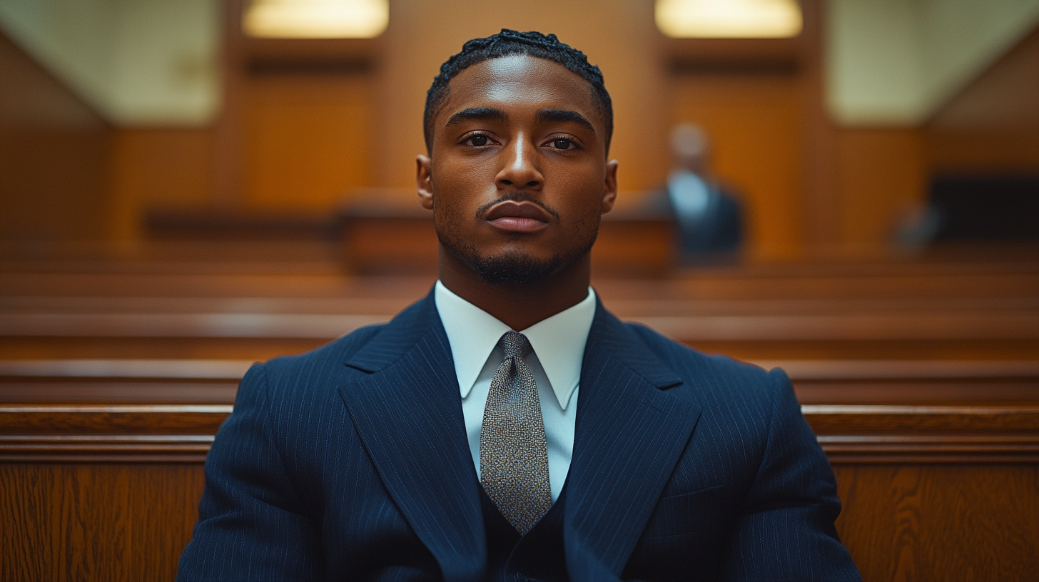 A well-dressed man sits in a courtroom gallery, wearing a navy blue suit with a white dress shirt and a simple, muted tie. His posture is upright and attentive, blending into the formal setting. The background features wooden benches, soft overhead lighting, and a judge’s podium in the distance, emphasizing the solemn atmosphere. Ultra-realistic, cinematic lighting, 4K resolution.