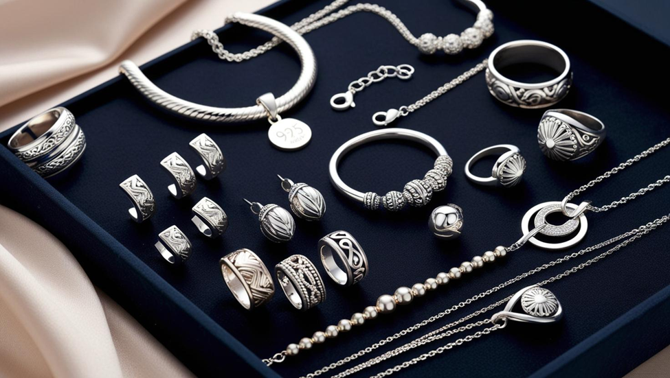 Assorted 925 Italy silver rings, necklaces, and bracelets displayed on a dark tray.