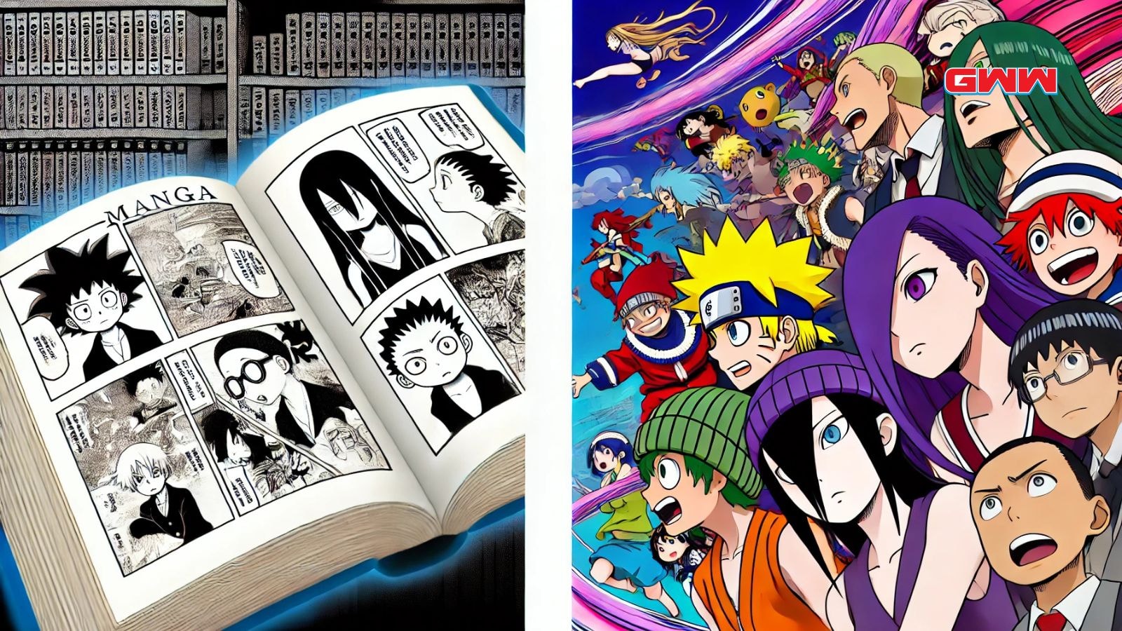 A wide image illustrating the difference between manga and anime.