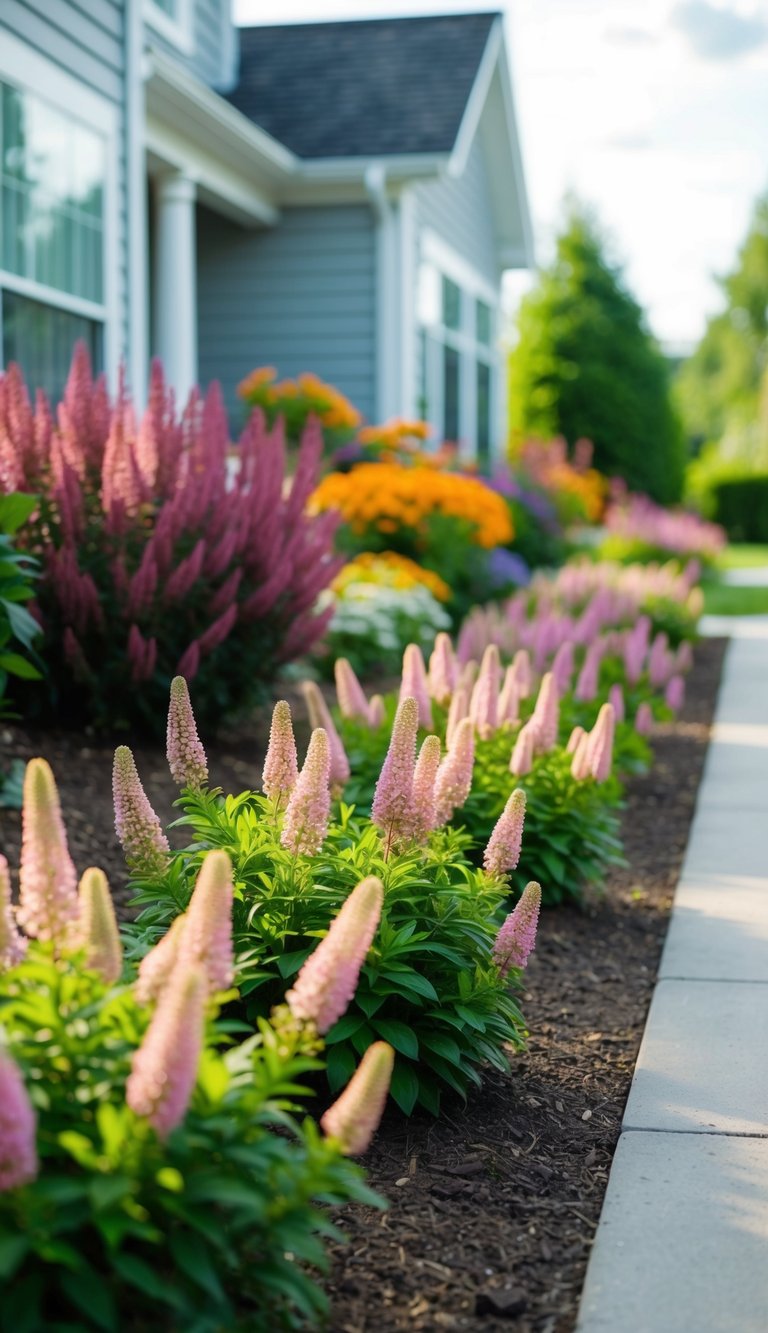 21 astilbe flower beds line the front of the house, creating a colorful and vibrant display of blooms