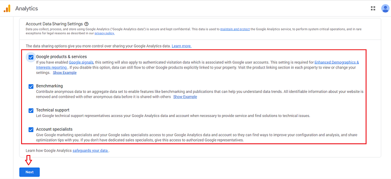 Account data sharing settings google analytics