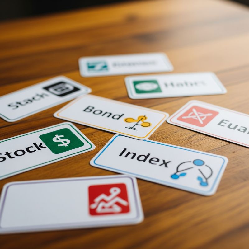 Bộ flashcard thuật ngữ chứng khoán trên bàn gỗ