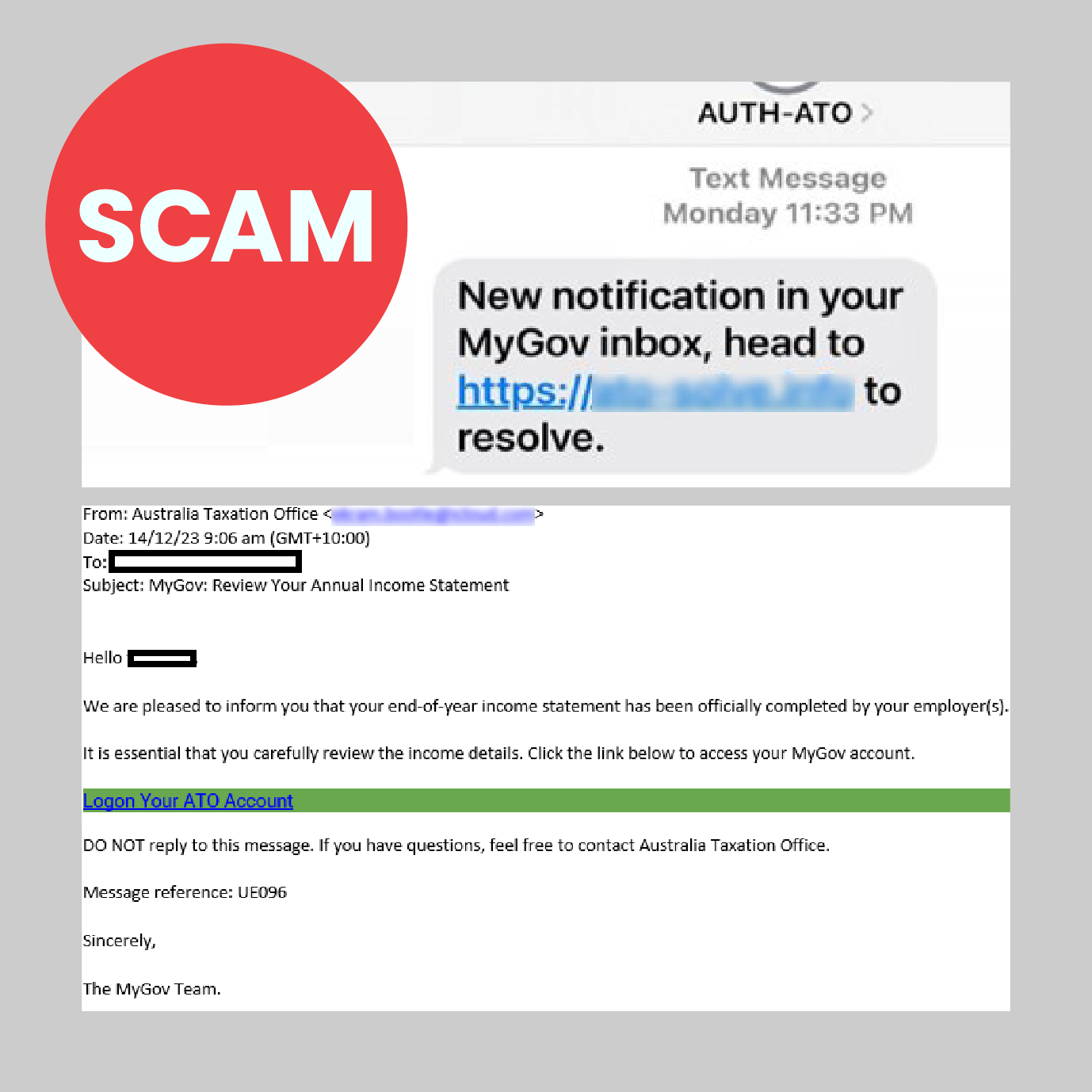 Examples of ATO scams via SMS and email. Source: ATO