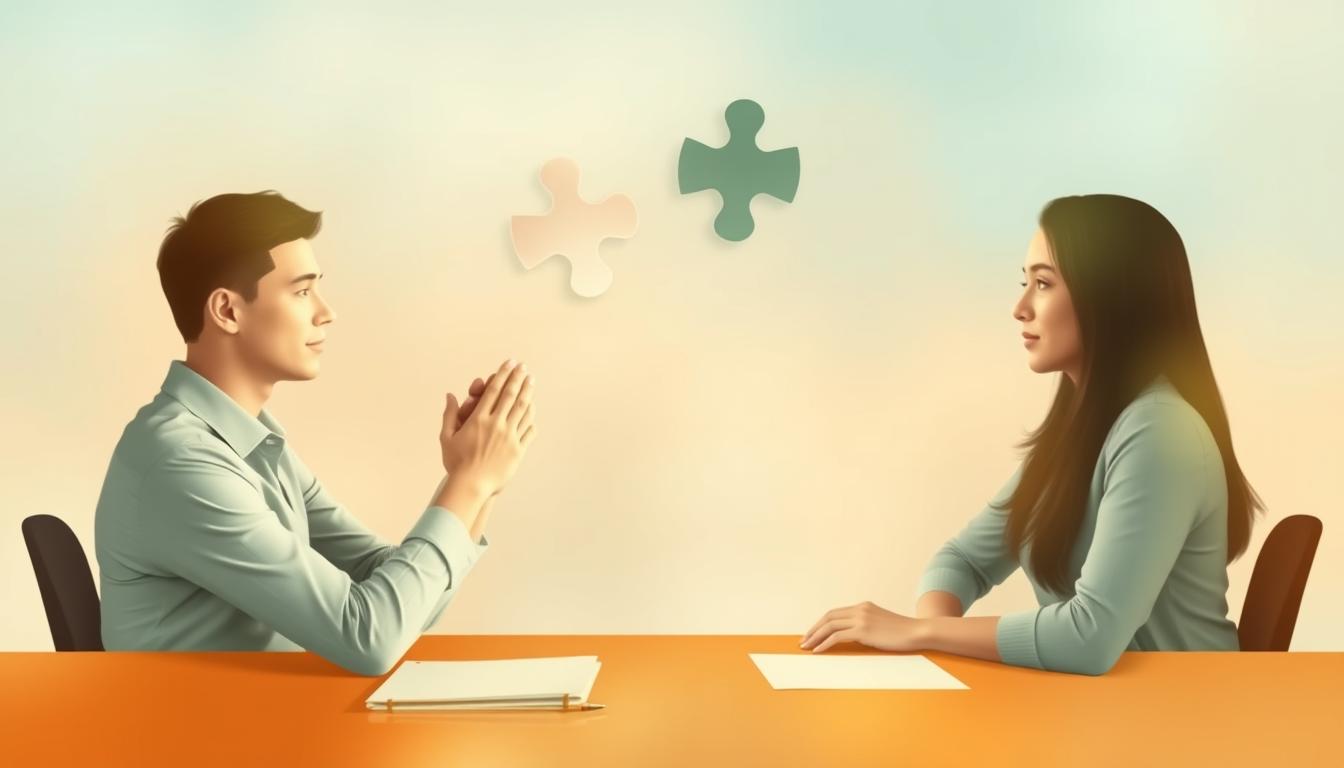 An image of two people sitting across from each other at a table, hands clasped together, with a peaceful and calm expression on their faces. The background should feature warm and calming colors, such as shades of blue and green, to convey a sense of serenity and tranquility. Include imagery that symbolizes resolution and compromise, such as a pen and paper or two puzzle pieces fitting together. The body language of the two people should convey openness and willingness to listen to each other's perspectives.