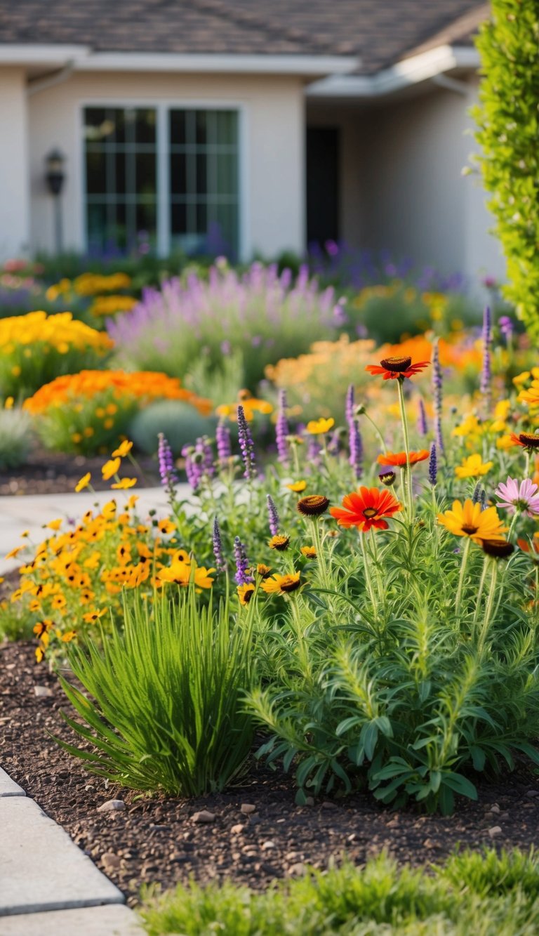 A colorful mix of drought-tolerant wildflowers fills the front yard landscape, creating a vibrant and low-maintenance garden