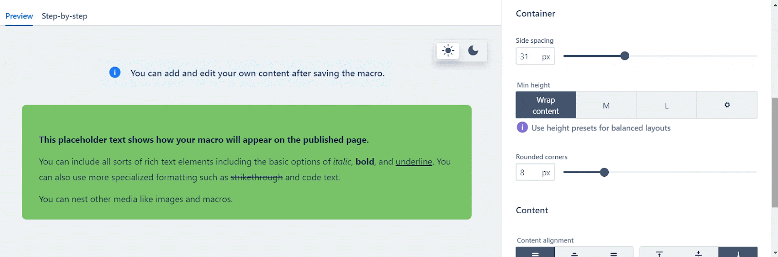 A GIF of a user changing the side spacing, height, and corners of a Background macro in Confluence