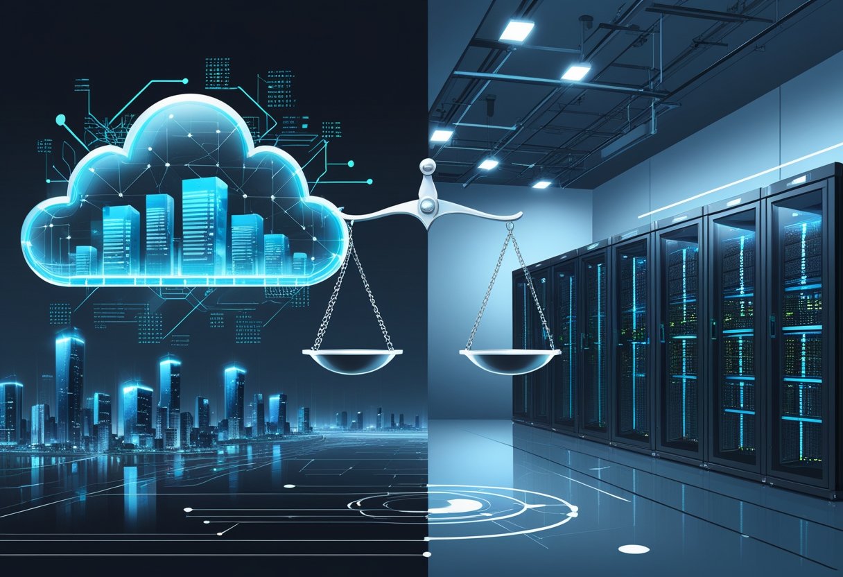 A balanced illustration showing cloud computing represented by a floating cloud with data streams above a city, opposite an on-premise server room with hardware racks inside an office, connected by a scale symbolizing comparison.