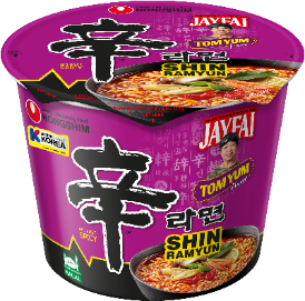 A purple and black container of instant noodles

Description automatically generated