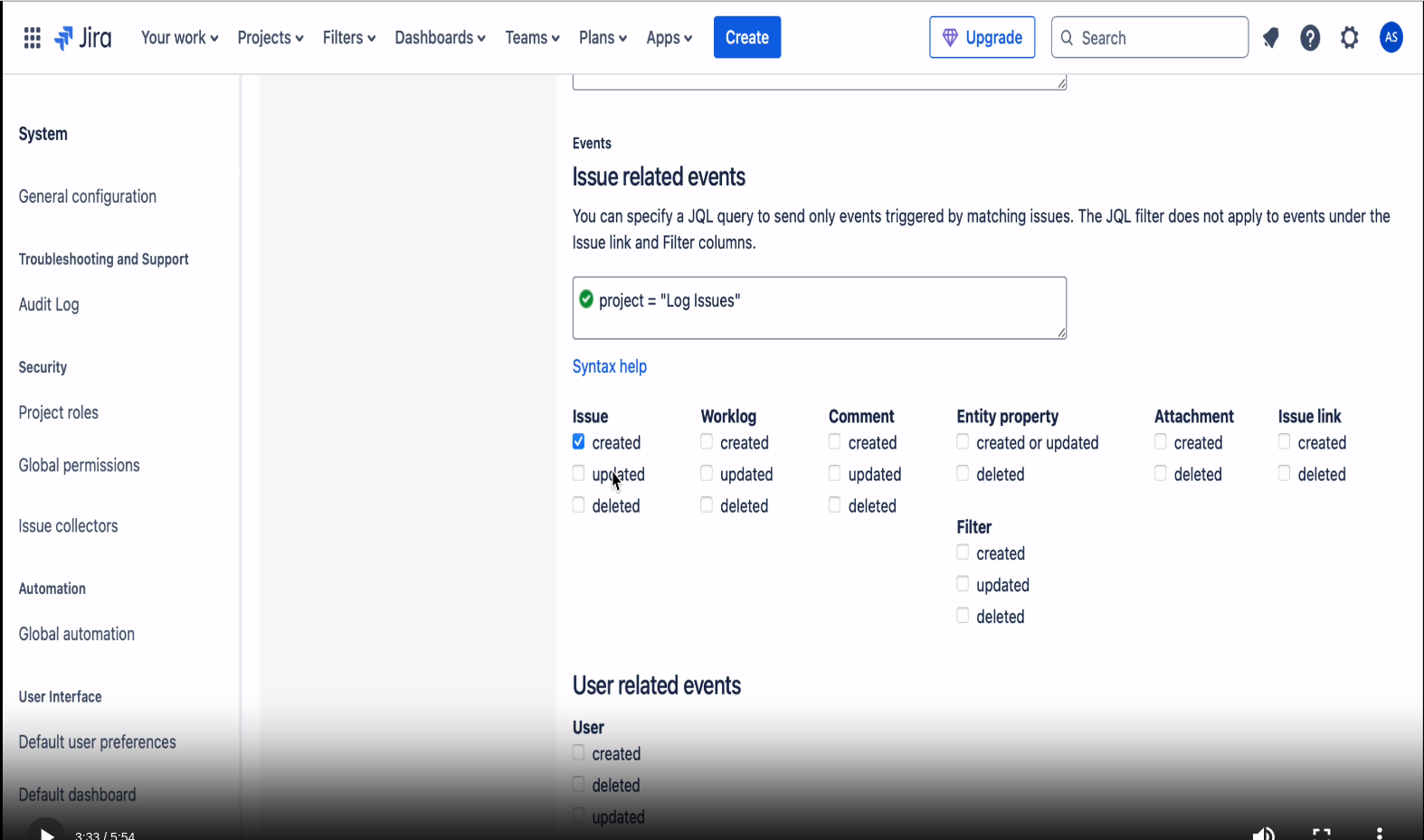 Jira interface showing event triggers and issue-related event options like created, updated, and deleted.