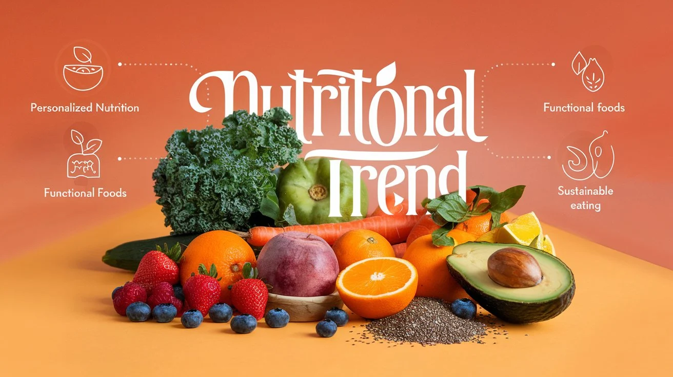 Graphic showing various foods and health products representing current nutritional trends, with the title 'Nutritional Trend' prominently displayed.