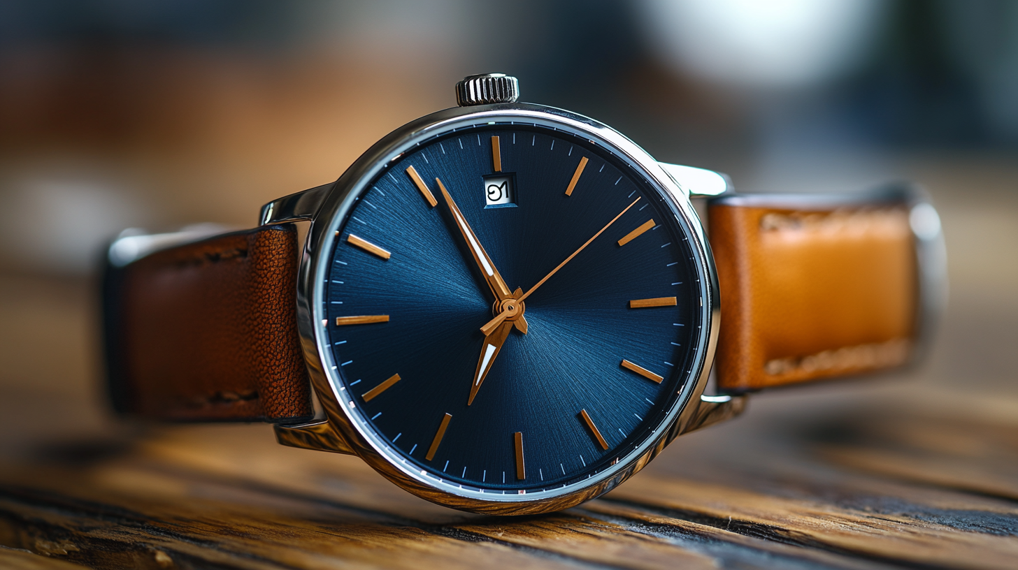 A small, simple watch with a leather strap resting on a wooden surface. The watch face is sleek and understated, with soft lighting that brings out the simplicity of its design. The leather strap complements the navy suit.