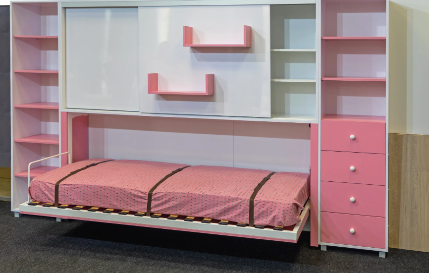 A pink wall murphy bed