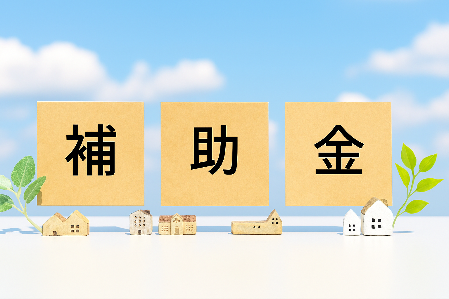 青空の下、クラフト紙に書かれた『補助金』の文字とミニチュアの家が並ぶイメージ