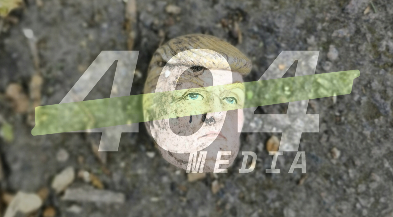 A Trump doll head in the dirt with the 404 Media logo over it. Unsplash / collage via 404 Media