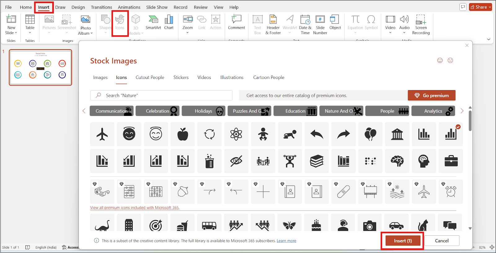 Insert > Icons in PowerPoint with a collection of Stock Images. Insert button is highlighted.